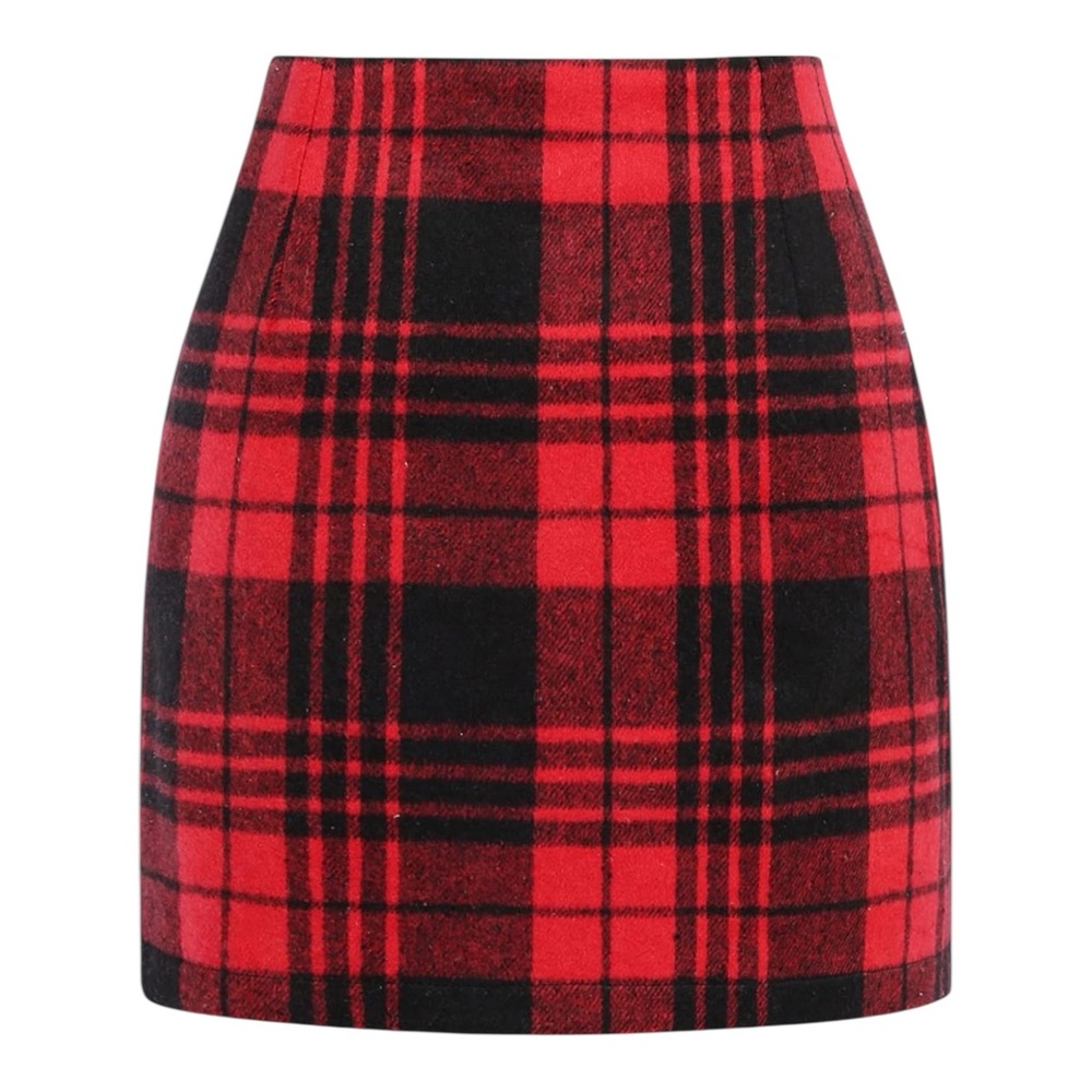 NWT IDEALSANXUN Womens High Waisted Buffalo Plaid Mini Wool Skirt Red Black